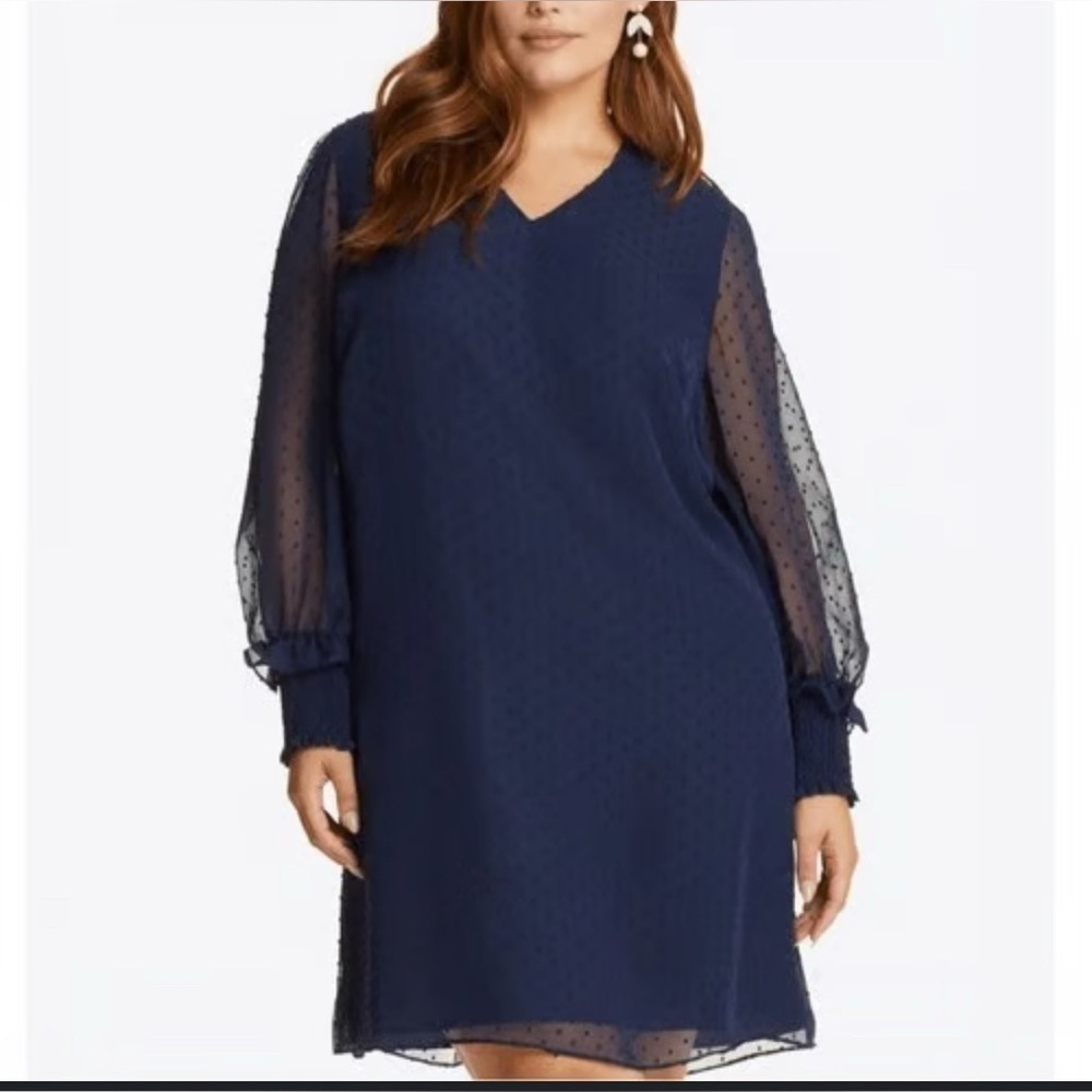 Draper James navy swiss dot Trisha shift dress Size S long sheer sleeves v-neck